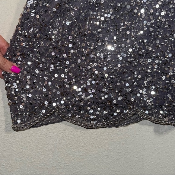 Adrianna Papell 18W Plus Gunmetal Sequin Sheath Midi Dress scalloped edges - Picture 6 of 16